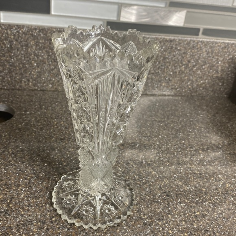 Vintage Cut Glass Pedestal Vase Starburst Scalloped Rim Crystal Style